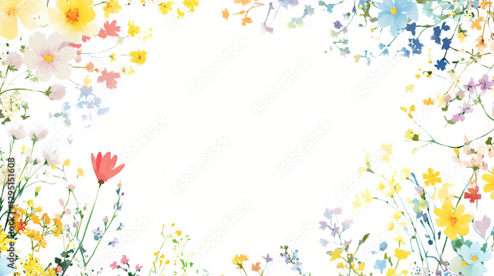 Bright white background adorned with a splendid collection of colorful flowers perfect for inviting designs Bright white background adorned with a splendid collection of colorful flowers perfect for inviting designs