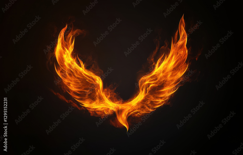 Fototapeta premium set of burning flames in shape of phoenix, symbolizing rebirth and transformation, radiates energy and power