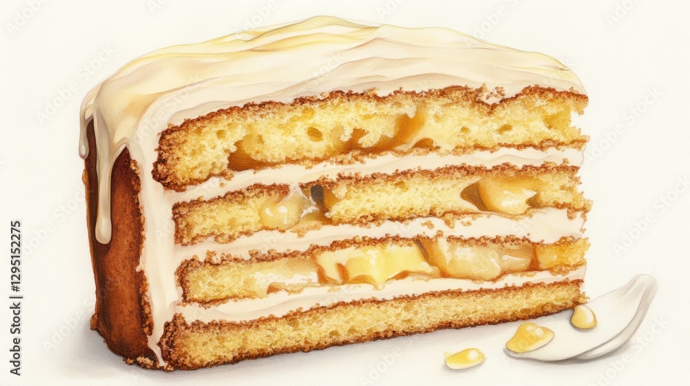 A delectable slice of layered apple cake, artfully presented with a creamy white frosting, showcasing the moist layers and luscious apple filling. A tempting treat for the eyes and palate! A delectable slice of layered apple cake, artfully presented with a creamy white frosting, showcasing the moist layers and luscious apple filling. A tempting treat for the eyes and palate!