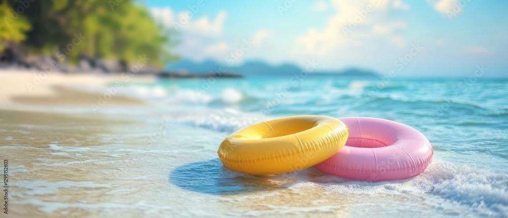 Two colorful inflatables rest on the sandy beach, positioned close to the shimmering water, inviting fun and relaxation under the sun. Two colorful inflatables rest on the sandy beach, positioned close to the shimmering water, inviting fun and relaxation under the sun.