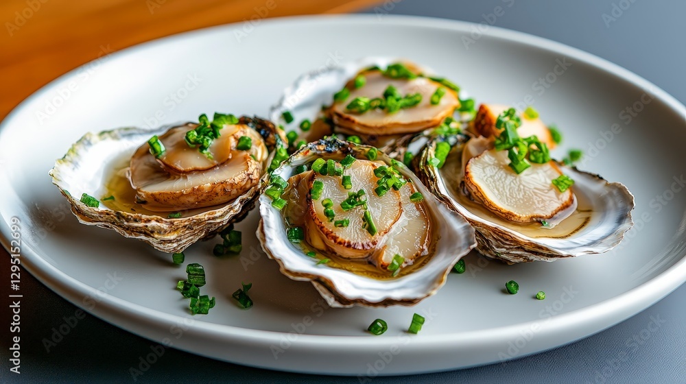 Freshly Shucked Oysters with Chopped Herbs and Citrus Sauce on a White Plate Freshly Shucked Oysters with Chopped Herbs and Citrus Sauce on a White Plate