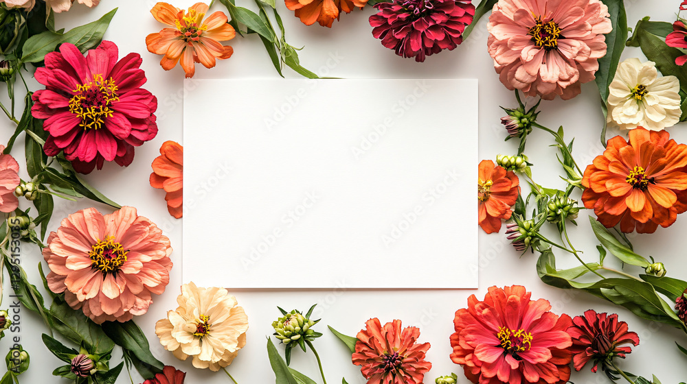 Fototapeta premium Elegant white square frame surrounded by a lush arrangement of colorful flowers offering a charming visual display