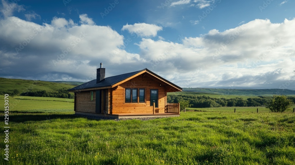 Fototapeta premium Cozy wooden cabin nestled among green fields under a bright blue sky, radiating peaceful countryside vibes.