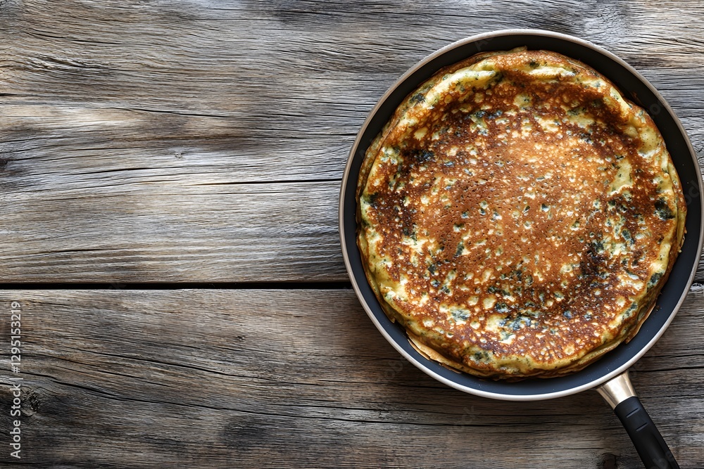 Delicious Herb Omelette in Pan Rustic Wooden Background Delicious Herb Omelette in Pan Rustic Wooden Background