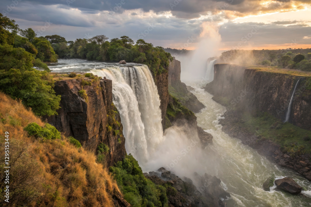 Majestic waterfall cascading over cliffs in lush green landscape Majestic waterfall cascading over cliffs in lush green landscape