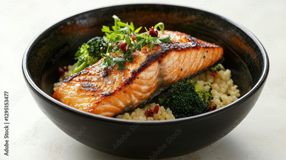 Deliciously charred salmon with green broccoli and a serving of couscous, arranged in a stylish black bowl. Deliciously charred salmon with green broccoli and a serving of couscous, arranged in a stylish black bowl.