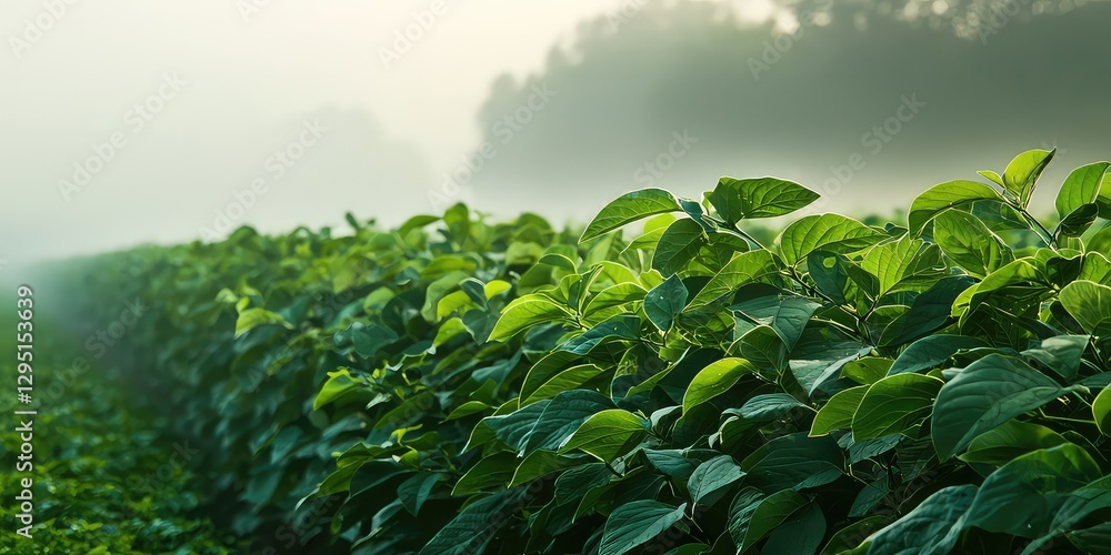 A row of fresh green leaves shimmering under a misty morning sky A row of fresh green leaves shimmering under a misty morning sky