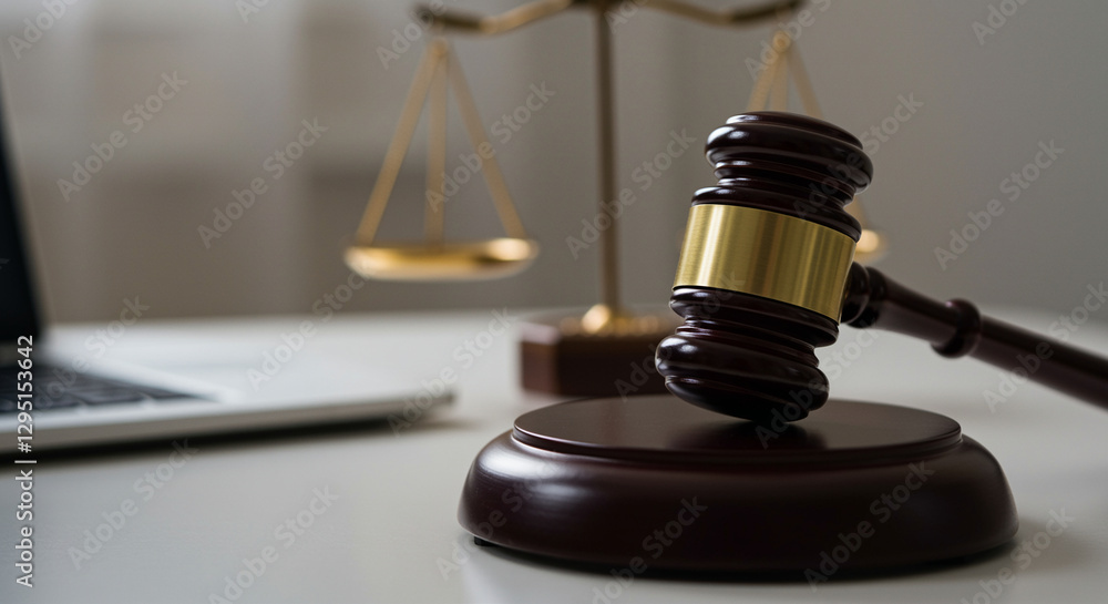 Gavel and Scales of Justice on Desk with Laptop. Wooden gavel resting on sound block. Symbol of law and justice with scales in background Gavel and Scales of Justice on Desk with Laptop. Wooden gavel resting on sound block. Symbol of law and justice with scales in background