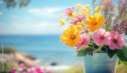 Wallpaper Mural A blue vase filled with a variety of colorful flowers sits elegantly on a table, creating a vibrant and cheerful atmosphere in the room. Torontodigital.ca