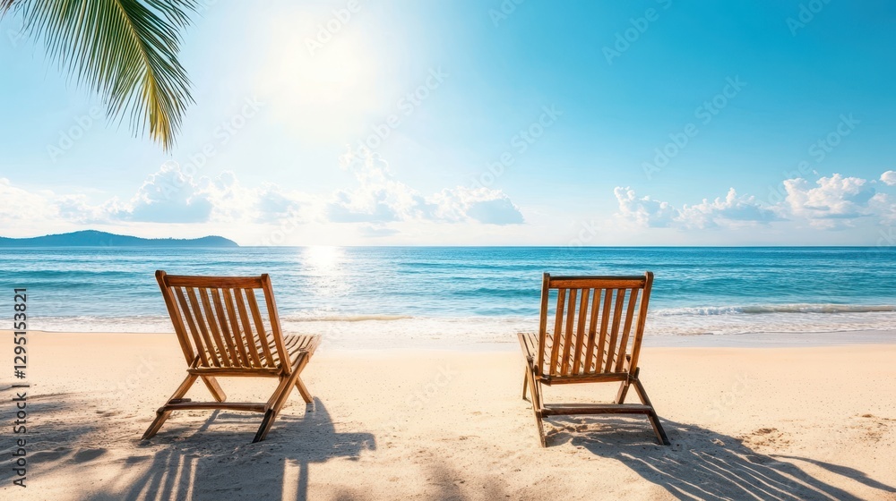 Two rustic wooden chairs positioned on a sandy beach, with the tranquil ocean waves gently lapping at the shore under a clear blue sky. Two rustic wooden chairs positioned on a sandy beach, with the tranquil ocean waves gently lapping at the shore under a clear blue sky.