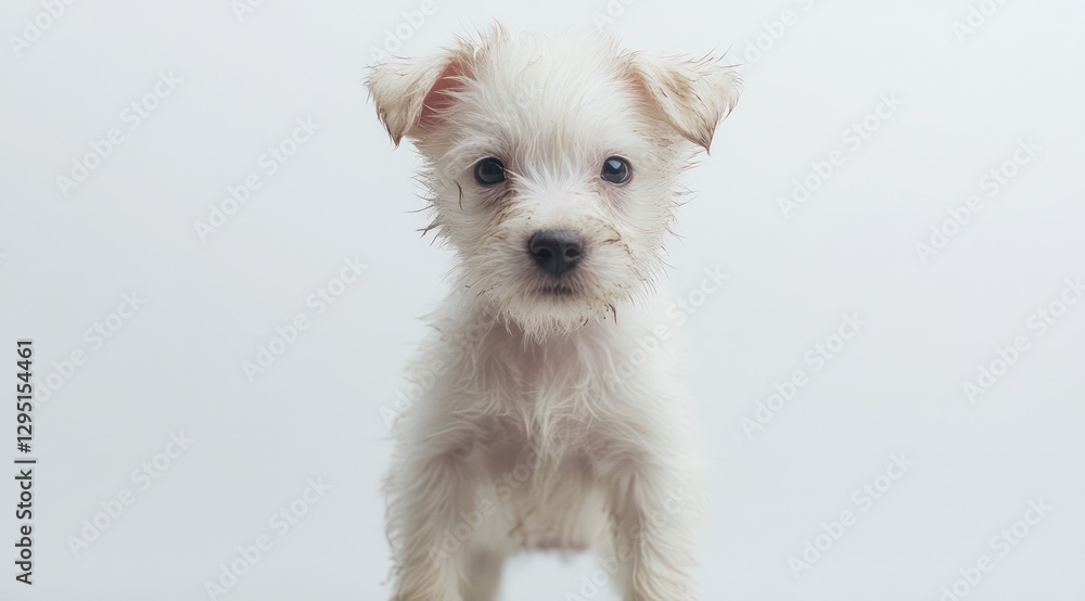 Cute white puppy portrait, studio shot, white background, pet adoption Cute white puppy portrait, studio shot, white background, pet adoption