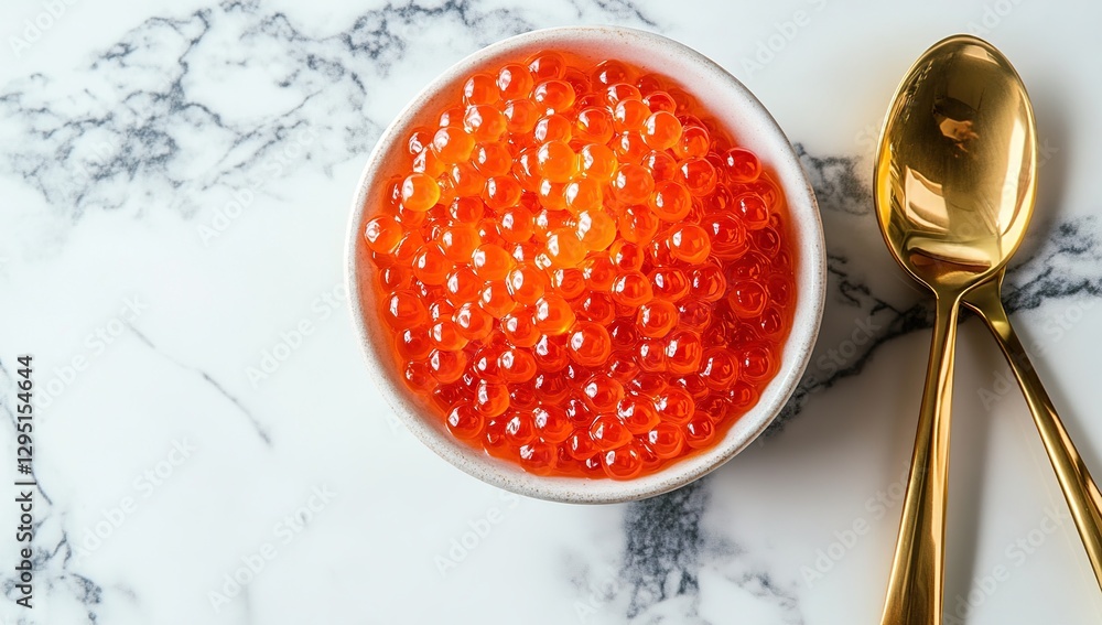 Overhead View of Red Caviar in a White Bowl with Golden Spoons on Marble Background Overhead View of Red Caviar in a White Bowl with Golden Spoons on Marble Background