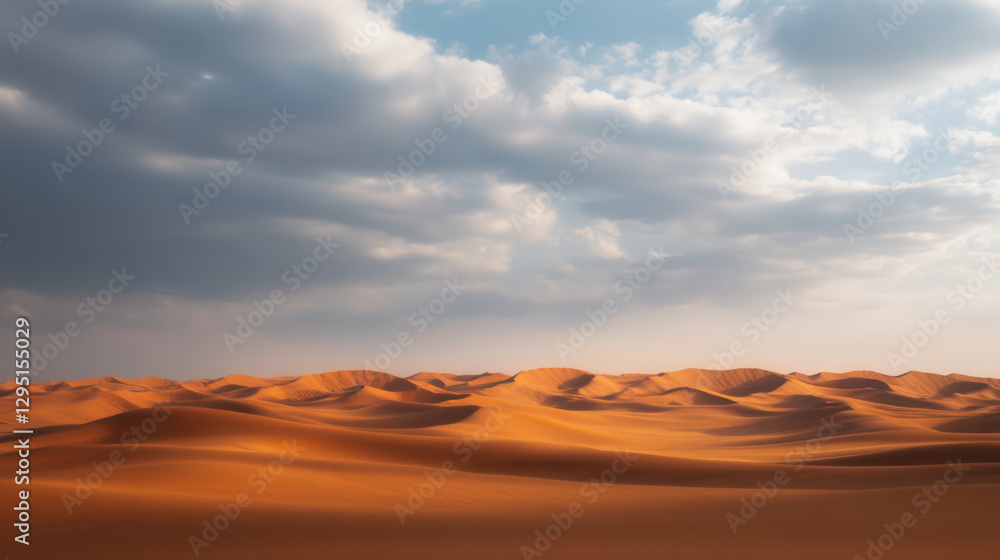 Naklejka premium vast Arabian desert landscape with rolling sand dunes under cloudy sky, showcasing beauty of nature arid environment