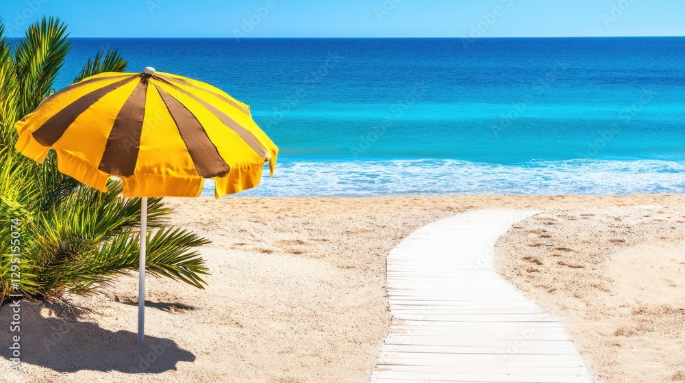 A vibrant yellow umbrella stands on the sandy beach, close to the gentle waves of the water, creating a picturesque seaside scene. A vibrant yellow umbrella stands on the sandy beach, close to the gentle waves of the water, creating a picturesque seaside scene.