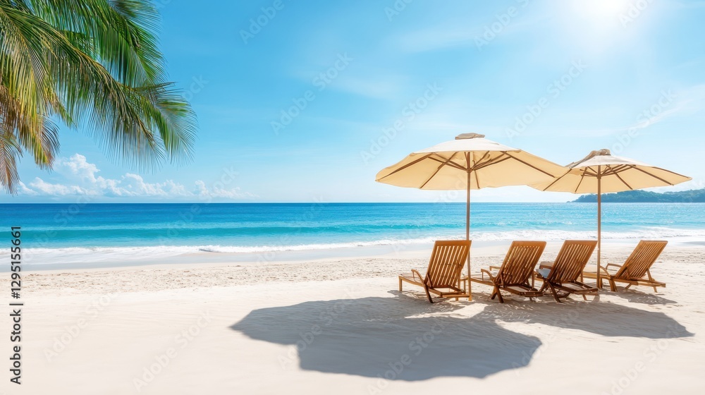 Obraz premium A tranquil beach scene featuring two colorful umbrellas and chairs positioned near the gentle waves of the water, inviting relaxation and leisure.