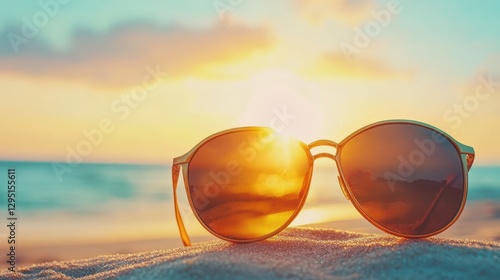 Wallpaper Mural A pair of sunglasses rests on warm sand with a stunning sunset illuminating the beach in the background, creating a serene and picturesque scene. Torontodigital.ca