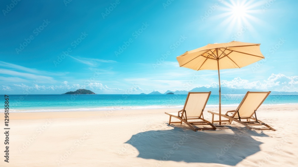 Two beach chairs sit under a colorful umbrella on a sandy shore, creating a perfect spot for relaxation by the ocean. Two beach chairs sit under a colorful umbrella on a sandy shore, creating a perfect spot for relaxation by the ocean.