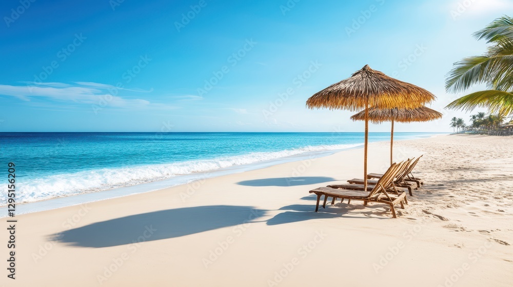 Two beach chairs and a colorful umbrella create a relaxing spot on the sandy shore, perfect for enjoying the sun and sea breeze. Two beach chairs and a colorful umbrella create a relaxing spot on the sandy shore, perfect for enjoying the sun and sea breeze.