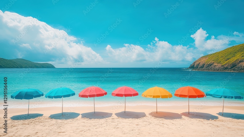 Fototapeta premium A vibrant array of colorful umbrellas stands neatly on the sandy beach, providing shade near the gentle waves of the water.