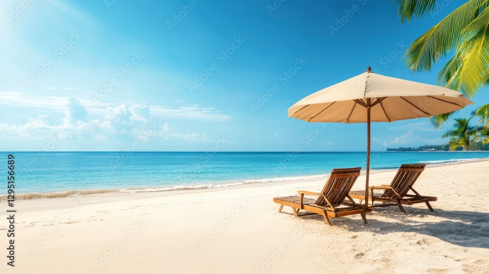 Two beach chairs and a colorful umbrella are set on the sandy shore, creating a perfect spot for relaxation under the sun. Two beach chairs and a colorful umbrella are set on the sandy shore, creating a perfect spot for relaxation under the sun.