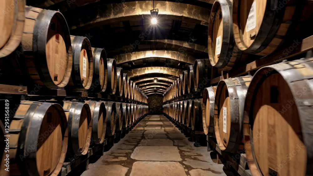 Video concept of a rustic wine cellar with a low-angle view, showcasing rows of wooden barrels in a dimly lit, arched stone corridor.
