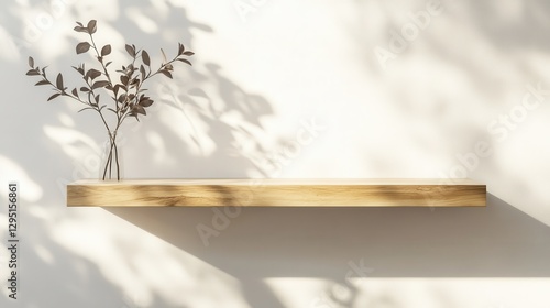 Elegant Wooden Shelf with Minimalist Decorative Plant Shadows
