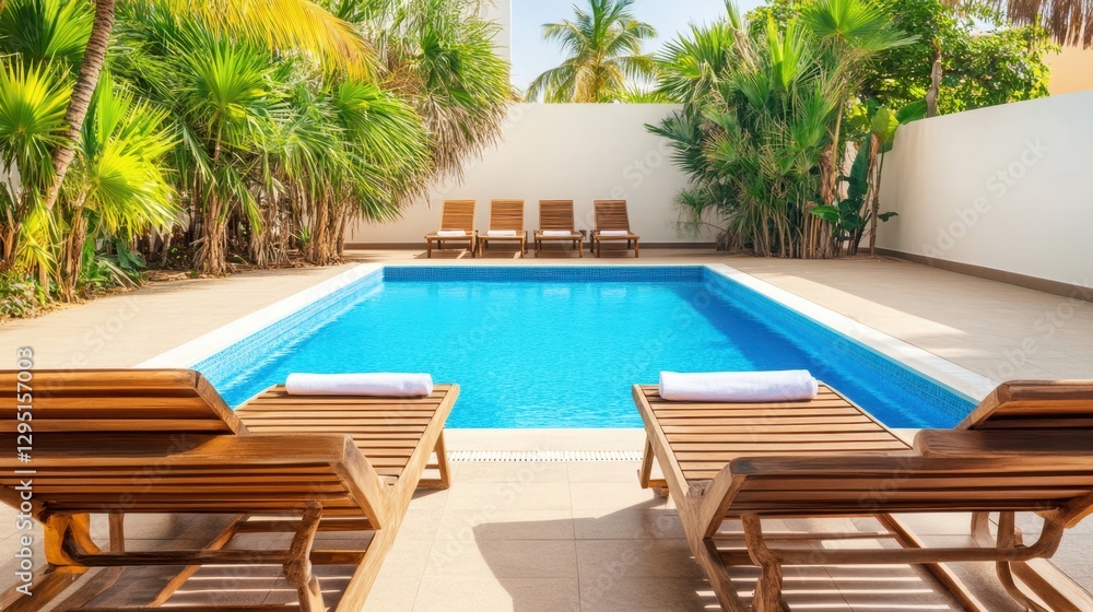 Fototapeta premium Two lounge chairs beside a pool, adorned with a towel, create a serene and inviting atmosphere for relaxation and leisure.