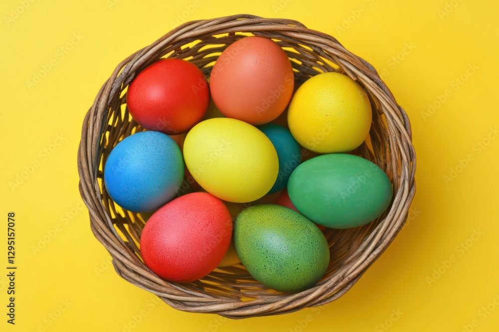 Colorful Easter eggs in basket, yellow background, spring celebration, holiday greeting Colorful Easter eggs in basket, yellow background, spring celebration, holiday greeting