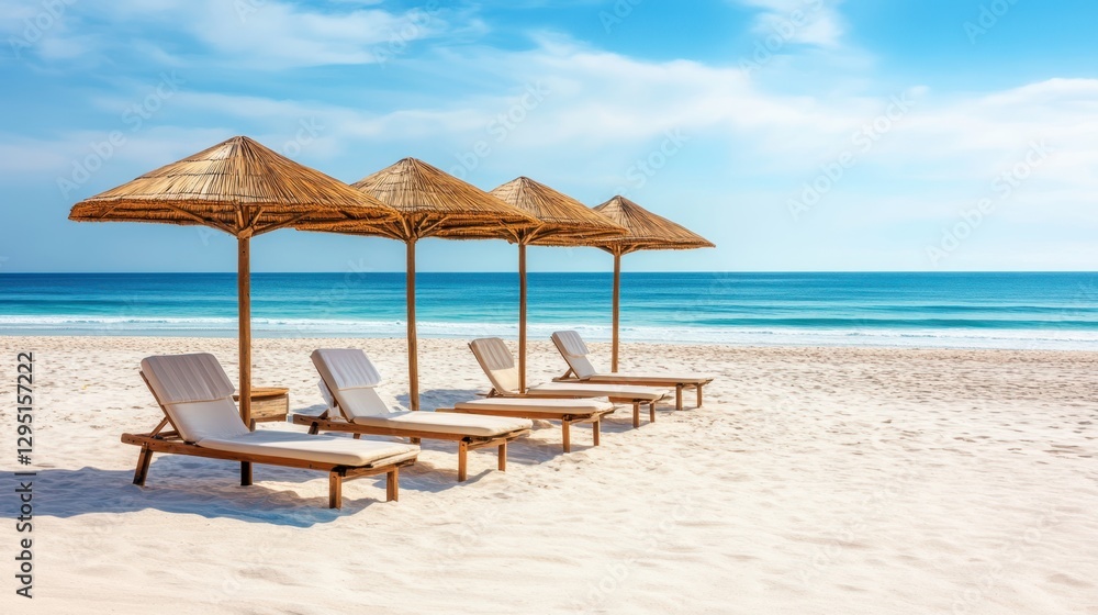 A serene beach scene featuring multiple lounge chairs and colorful umbrellas with the ocean waves gently rolling in the background. A serene beach scene featuring multiple lounge chairs and colorful umbrellas with the ocean waves gently rolling in the background.