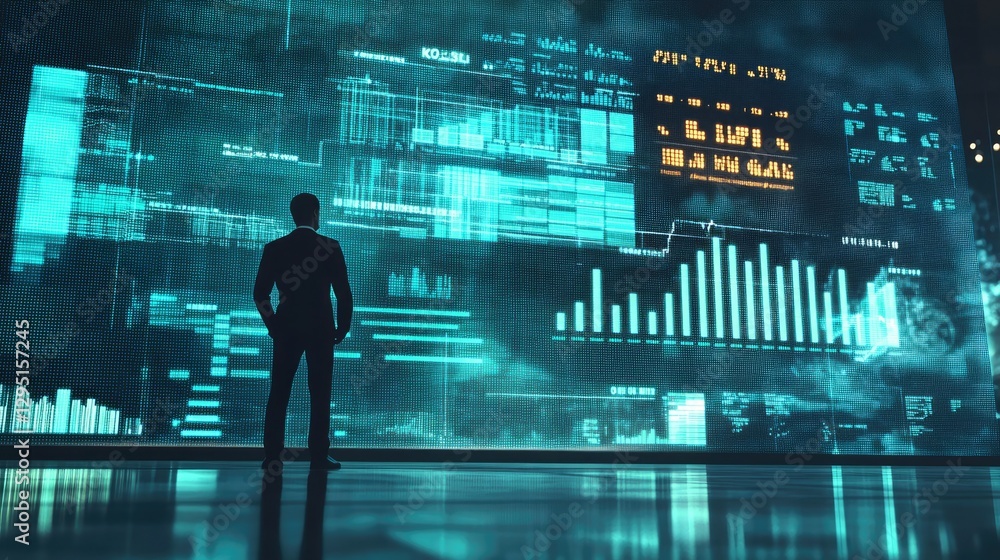 KPI and performance concept with a businessman standing beside a large progress chart displaying success metrics. KPI and performance concept with a businessman standing beside a large progress chart displaying success metrics.