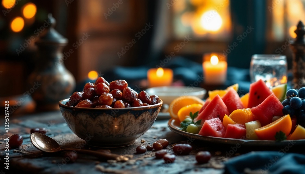 Iftar Dishes: Dates, Fruits, and Warm Ambience with Candles Iftar Dishes: Dates, Fruits, and Warm Ambience with Candles