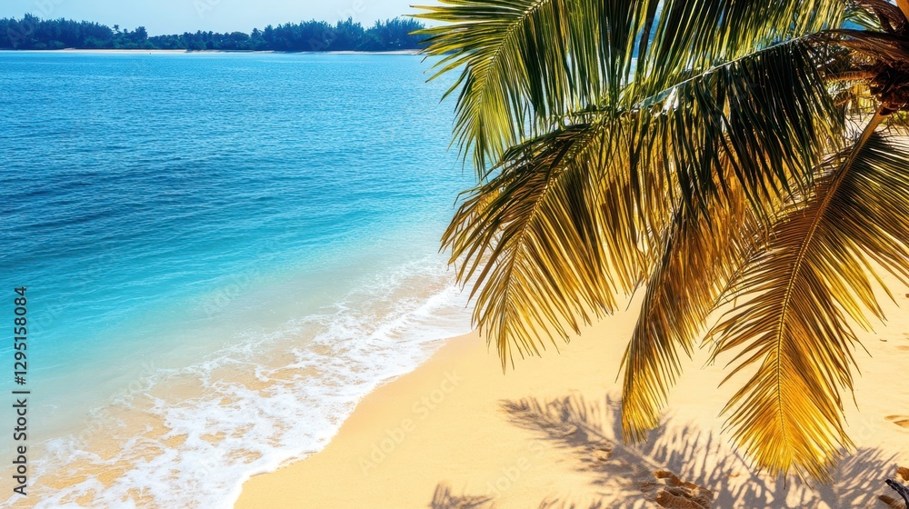 Fototapeta premium A solitary palm tree stands on a sandy beach beside tranquil waters, creating a serene tropical scene perfect for relaxation and escape.