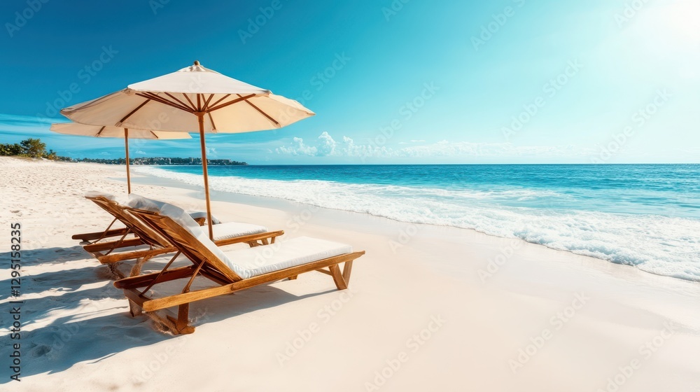 Two lounge chairs are positioned on the beach under a large umbrella, creating a serene and inviting spot for relaxation by the sea. Two lounge chairs are positioned on the beach under a large umbrella, creating a serene and inviting spot for relaxation by the sea.