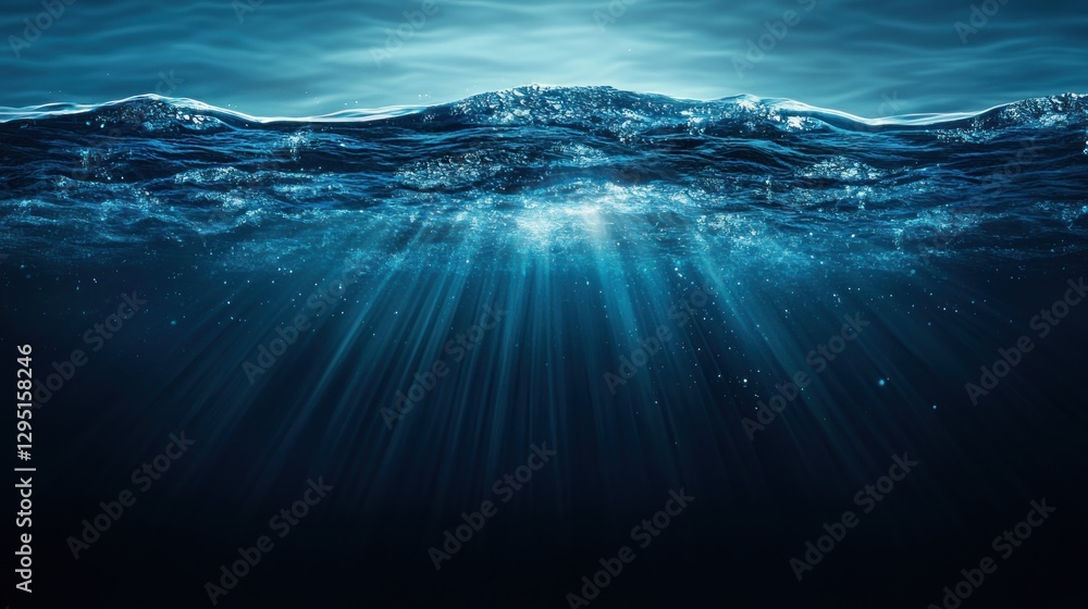Fototapeta premium Underwater view of deep ocean, sunlight beams through surface.