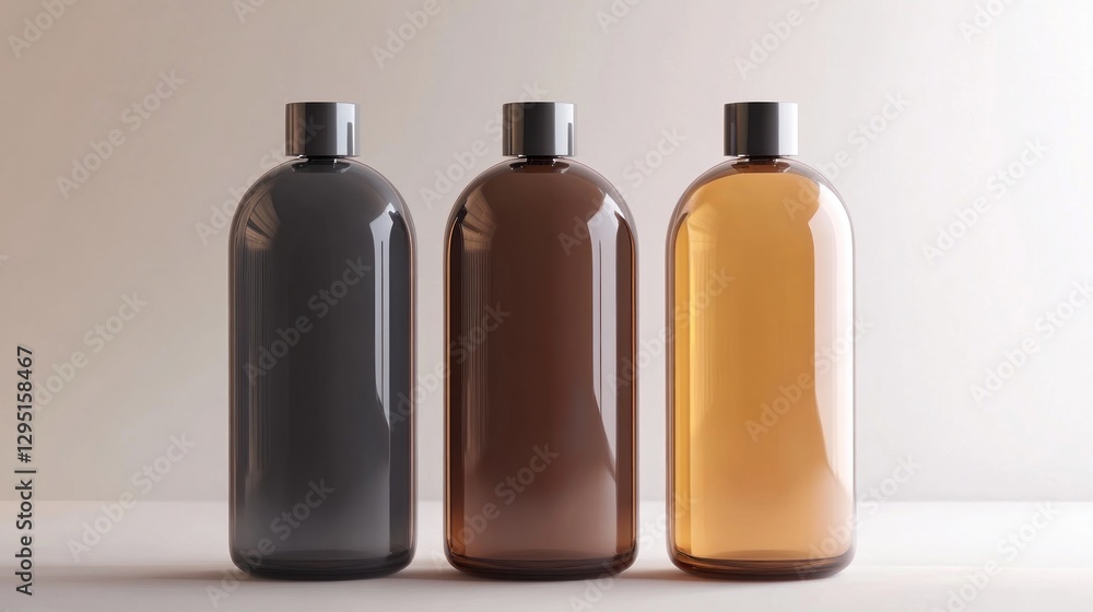 Three glass bottles, various colors, on a plain background Three glass bottles, various colors, on a plain background