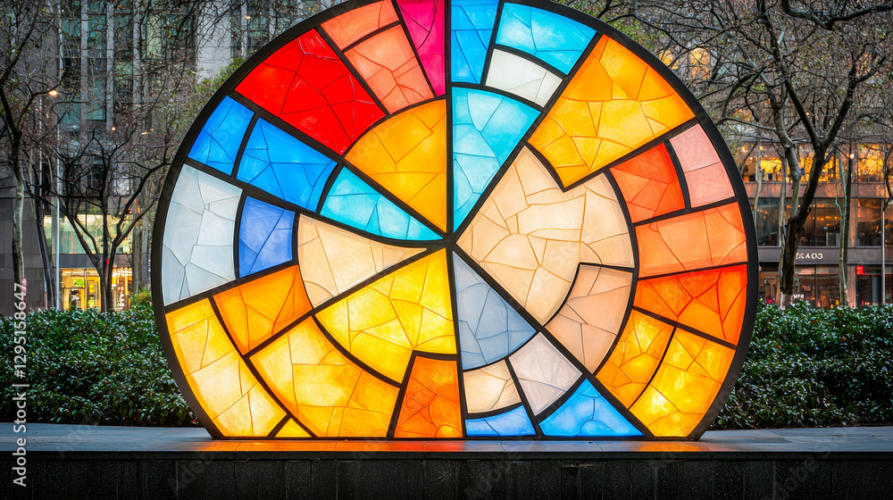 Fototapeta premium vibrant mosaic sculpture featuring colorful geometric patterns in public plaza, creating lively atmosphere