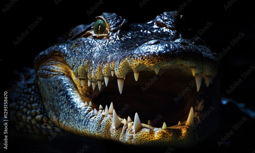 Obraz premium Close-up View of Alligator Head Displaying Sharp Teeth and Intimidating Expression in Dark Water Environment