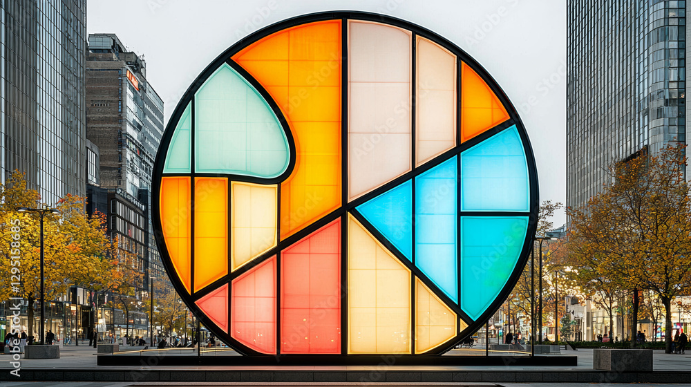 Fototapeta premium vibrant mosaic pie chart sculpture in public plaza, surrounded by urban buildings and autumn trees