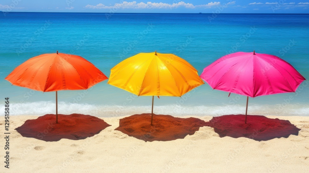 Three colorful umbrellas stand on the sandy beach, overlooking the tranquil ocean waves under a clear blue sky. Three colorful umbrellas stand on the sandy beach, overlooking the tranquil ocean waves under a clear blue sky.