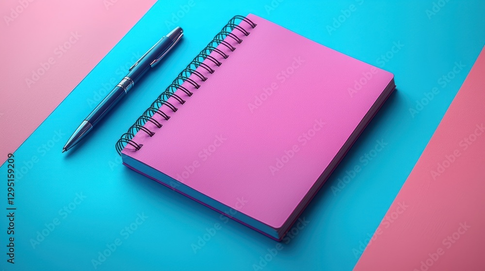 Pink spiral notebook and pen on colorful background Pink spiral notebook and pen on colorful background