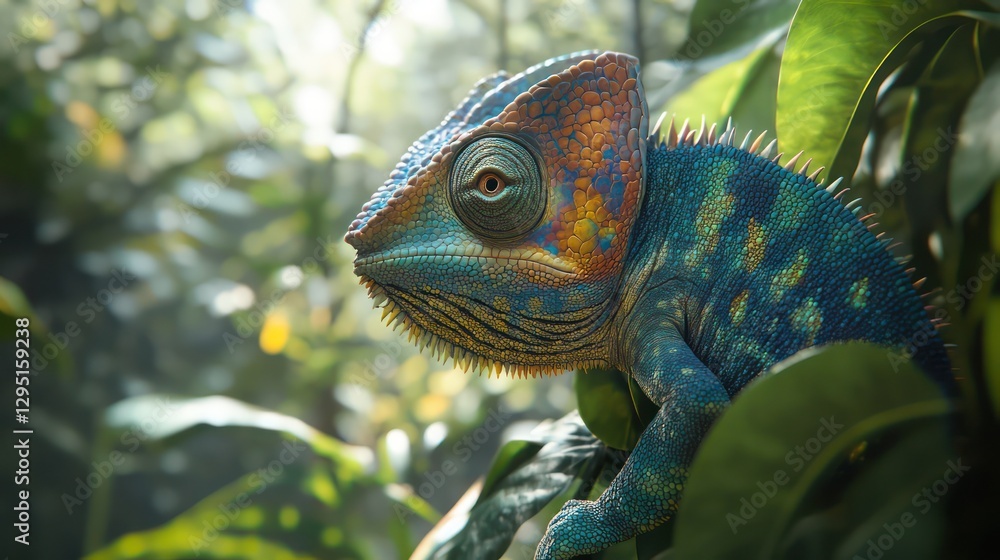 Obraz premium Chameleon on leaves, rainforest background, vibrant colors, nature photography