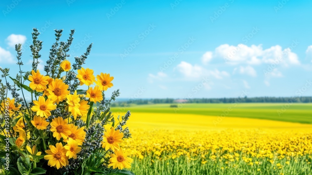 Fototapeta premium A vibrant vase filled with yellow flowers, set against a vast field of blooming yellow flowers, creating a stunning visual of nature's beauty.