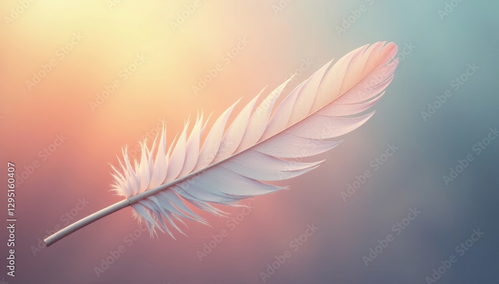Naklejka premium Single white feather, pastel sunset, soft light, serene, color