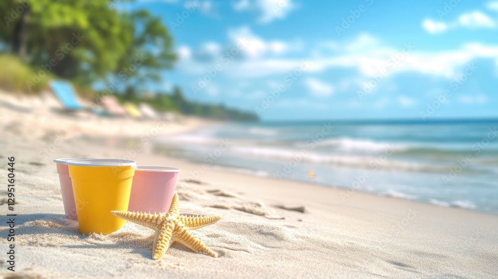 Two cups of beer rest on the sandy beach, accompanied by a starfish, capturing a serene moment of relaxation by the ocean. Two cups of beer rest on the sandy beach, accompanied by a starfish, capturing a serene moment of relaxation by the ocean.