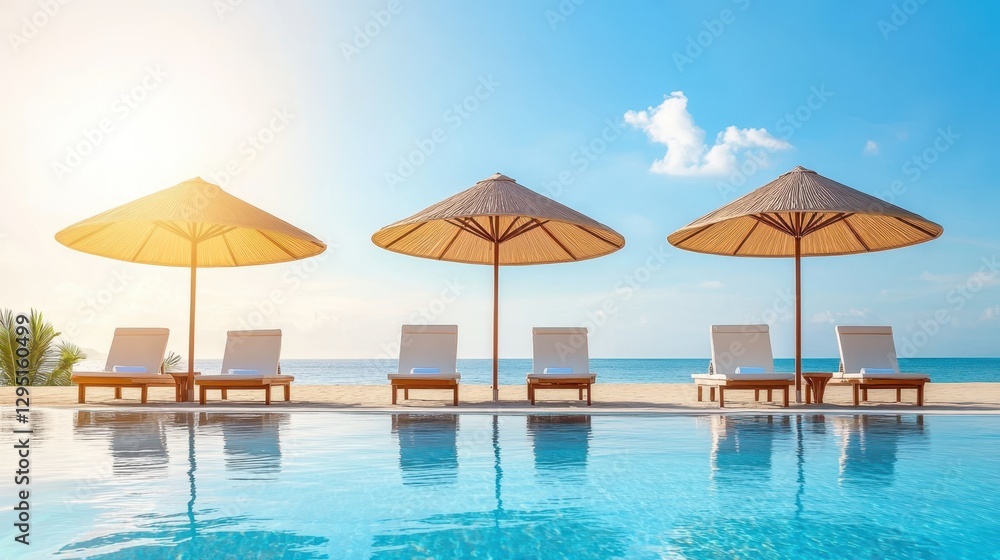 Fototapeta premium A serene scene featuring multiple lounge chairs and umbrellas partially submerged in tranquil water, ideal for relaxation and leisure.
