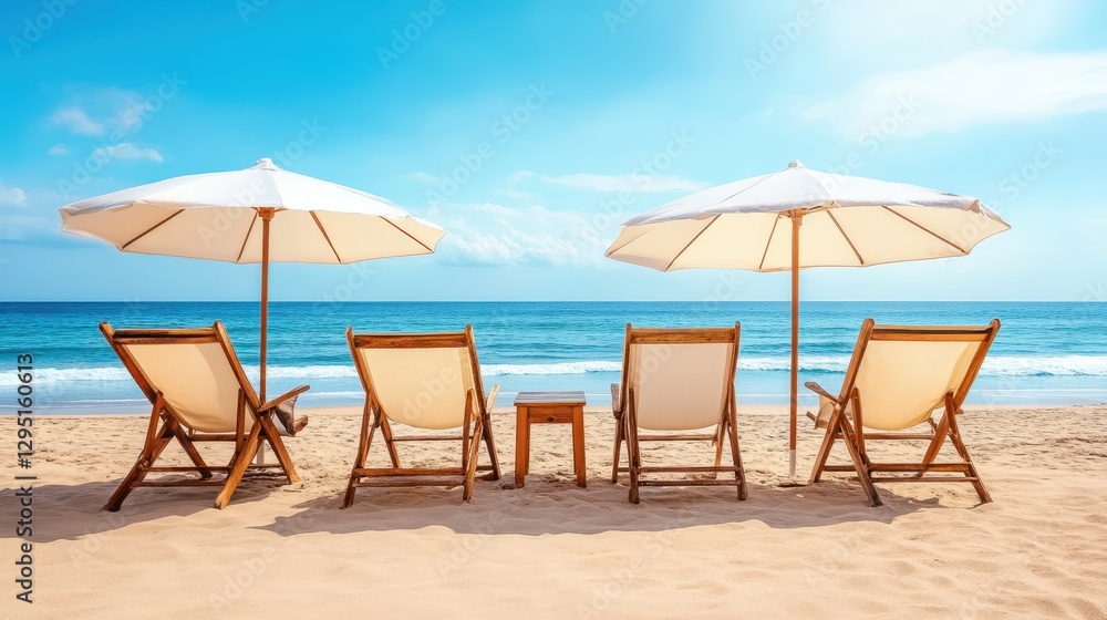 Four colorful chairs and umbrellas are arranged on a sandy beach, overlooking the serene ocean, creating a relaxing coastal atmosphere. Four colorful chairs and umbrellas are arranged on a sandy beach, overlooking the serene ocean, creating a relaxing coastal atmosphere.