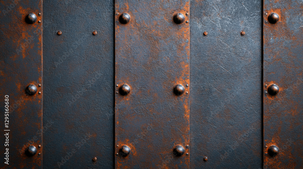 Fototapeta premium Old metal plate texture with rust and rivets, showcasing industrial design and weathered appearance. Perfect for backgrounds or textures in various projects