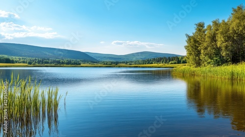 A serene lake nestled against a majestic mountain backdrop, showcasing the beauty of nature's landscape and tranquility.