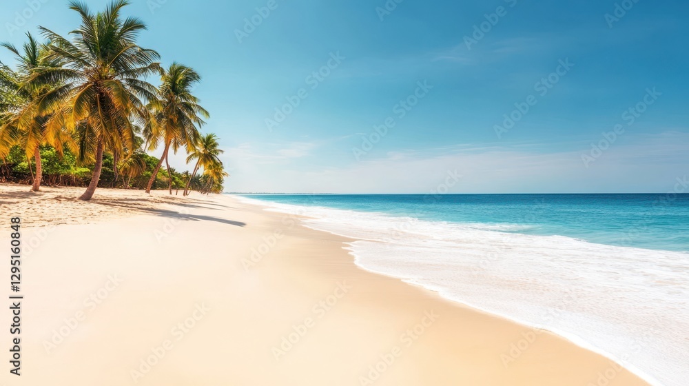 Obraz premium A serene beach scene featuring a few palm trees gently swaying on the shore against a clear blue sky and tranquil waters.