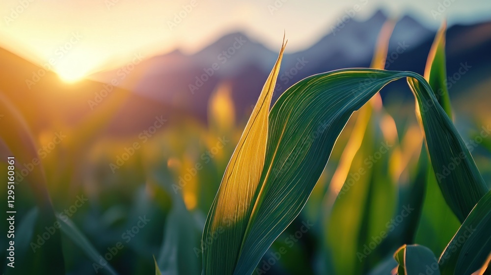 Obraz premium Golden Corn Leaves at Sunrise Mountains